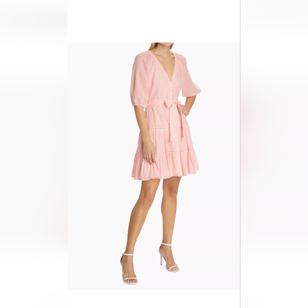 Veronica Beard  Dewey Tiered pink haze Cotton Tie-Waist Minidress SIZE 12